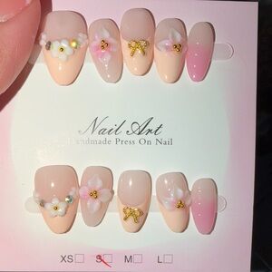Handmade Press-On Nails with Pink Floral Accents